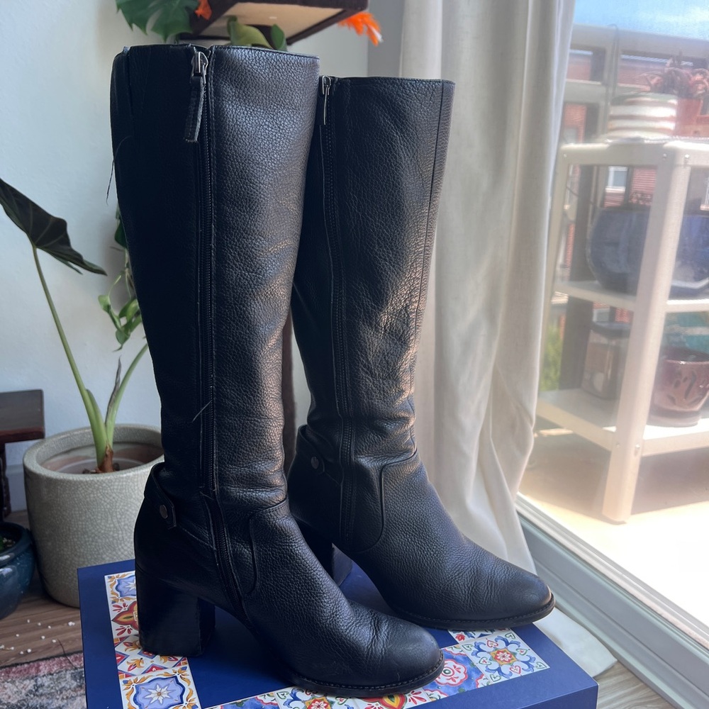 Franco Sarto Tall Black Leather Block Heel Boots